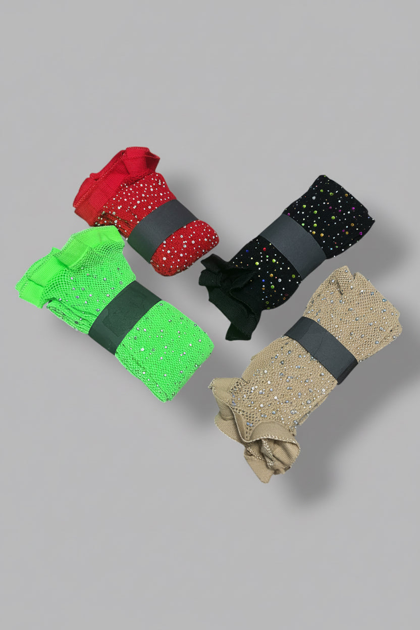 Four pairs of colorful fishnet stocking with black bands on a grey background